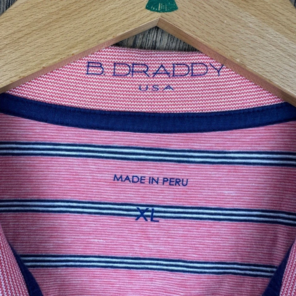 B. Draddy USA Pima Cotton Polo Shirt Mens XL Pink Navy Blue Striped Logo